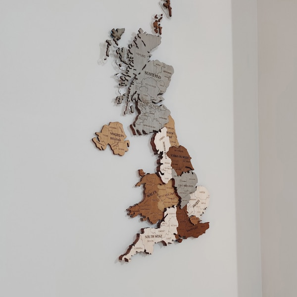 Britische 3D-Wandkarte zur Wanddekoration in Ihrem Zuhause oder Büro. Wandkarte aus Holz zum Verschenken. UK-Karte für Reisende.