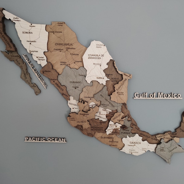 Mexiko-Wandkarte aus Holz für Reisebegeisterte. Wanddekoration mit Mexiko-Karte. 3D-Wandkunst von Mexiko.