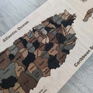 May include: A wooden map of Puerto Rico with the names of each municipality labeled. The map is made of different shades of brown wood and is mounted on a light brown wooden background. The map is surrounded by the words "Atlantic Ocean" and "Caribbean Sea".