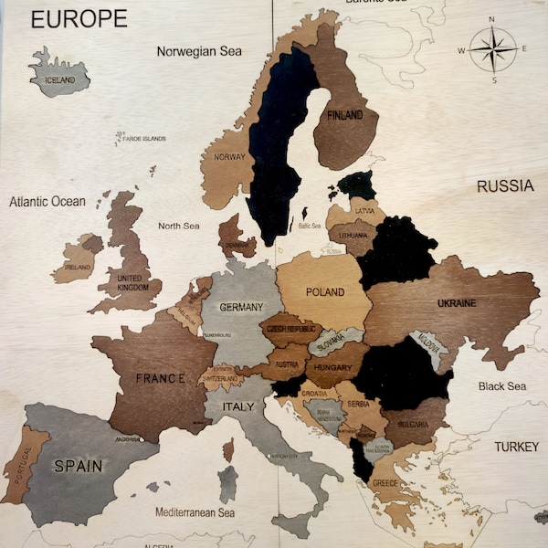 Europe wooden map puzzle. Ideal gift for school kids. Jigsaw Europe's map with boarders and countries names.