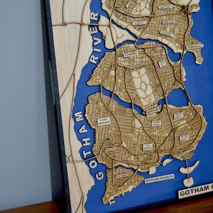 Plan des rues en bois 3D de Gotham City, décoration murale en couches de Gotham City pour les fans de Batman, carte de Gotham City découpée au laser