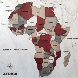 Afrika Länder Puzzle für Schulkinder und Erwachsene. Geographische Karte von Afrika mit Ländernamen und Grenzen. Lernpuzzle.