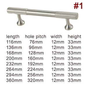 May include: Silver cabinet hardware pull with a grooved design. The pull is available in various lengths, from 4.57 inches to 14.17 inches. The pull has a 3 inch hole pitch, a 0.47 inch width, and a 1.3 inch height.