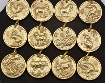 Zodiaque chinois en laiton massif 30 mm 1 1/8 pouces Douze signe du nouvel an pendentifs à breloques animaux cadeau porte-clés collier cuivre en gros en vrac bricolage