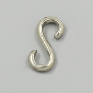 May include: A silver-colored, S-shaped hook. The hook is made of a smooth, metallic material and has rounded ends. The hook is designed for hanging items and is set against a gray background.