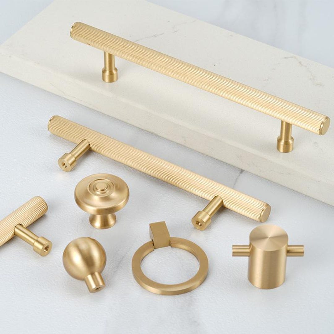 Modern Knurled Cabinet Pulls Knobs Set Matte Gold Solid Brass Handles ...