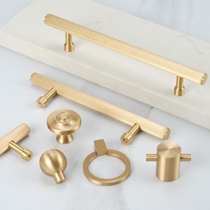 Modern Knurled Cabinet Pulls Knobs Set Matte Gold Solid Brass Handles for Kitchen Bedroom Wardrobe Drawers Minimalist Industrial Style