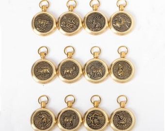 Pendentif porte-clés double face zodiaque chinois en laiton massif 30 mm 1 1/8" pendentifs à breloques animaux cadeau clé porte-clés collier cuivre en gros en vrac bricolage