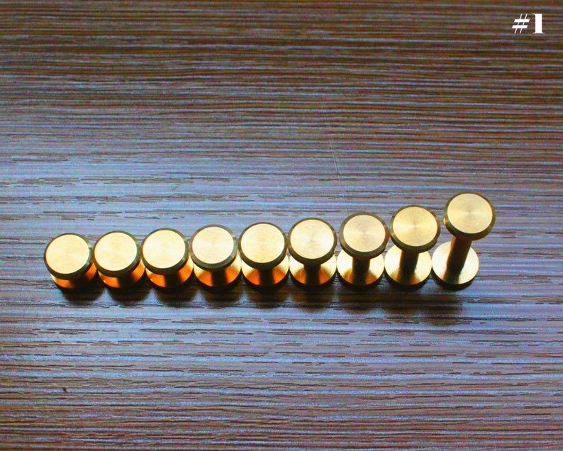 May include: A row of ten gold-coloured metal knobs, arranged in a line on a wooden surface.