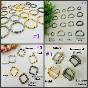 May include: Assortment of metal rings and buckles in various finishes, including antique bronze, gold, silver, and gunmetal black. The rings are in different sizes and shapes, including round, square, and D-shaped. The buckles are rectangular and have a side release.