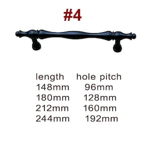 May include: Black metal cabinet hardware pull with a curved design. The pull is available in lengths of 148mm, 180mm, 212mm, and 244mm. The hole pitch options are 96mm, 128mm, 160mm, and 192mm.