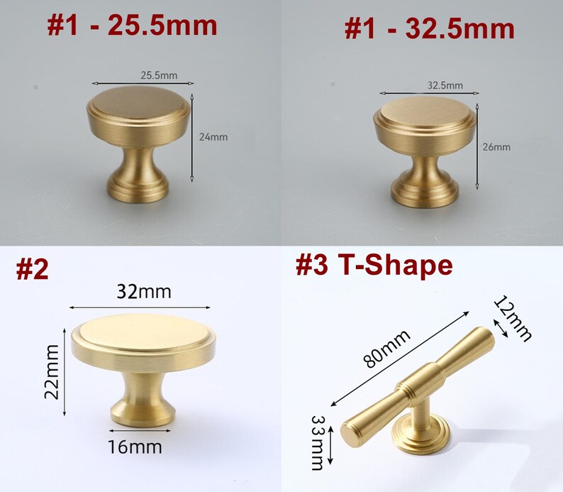 Op de afbeelding: Drie verschillende stijlen gouden kastknoppen. De eerste twee zijn ronde knoppen met een verhoogde rand, met een diameter van 25,5 mm en 32,5 mm. De derde knop is een T-vormige knop met een 33 mm lange arm en een 12 mm brede arm, met een lengte van 80 mm.