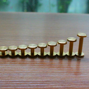 May include: A set of ten brass studs of varying sizes, arranged in a line from smallest to largest. The studs are all round and have a smooth finish.