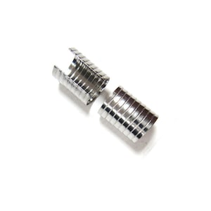May include: Two silver metal crimp beads, one open and one closed, for jewelry making.