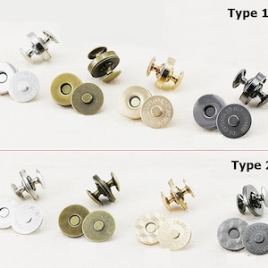 May include: A selection of magnetic snap closures in various metallic finishes, including silver, gold, and bronze. The snaps are shown in two different styles, with the text "Type 1" and "Type 2" above the respective sets. The round components have a central magnet.
