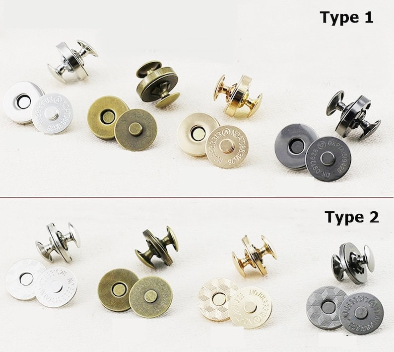 May include: A selection of magnetic snap closures in various metallic finishes, including silver, gold, and bronze. The snaps are shown in two different styles, with the text "Type 1" and "Type 2" above the respective sets. The round components have a central magnet.