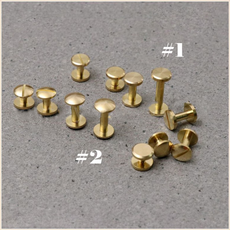 May include: A close-up of two sets of brass rivets. The first set is labelled #1 and the second set is labelled #2. The rivets are arranged in a random pattern on a grey surface.