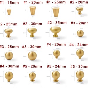 May include: Assortment of 10 gold-toned cabinet knobs in various sizes, ranging from 15mm to 35mm. Each knob is labeled with a number and size, for example, #1-15mm, #2-20mm, #3-25mm, #4-30mm, #5-20mm, #5-24mm, #5-30mm.