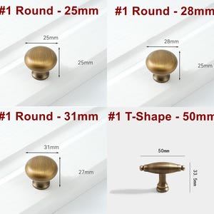 May include: Four cabinet knobs in different sizes and styles. The first three are round and made of brass with a brushed finish. The fourth is a T-shaped knob, also made of brass with a brushed finish. The knobs are labelled with their size in millimetres.