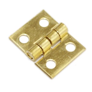 May include: A small, rectangular brass-coloured metal hinge featuring a central cylindrical barrel and four circular mounting holes, two on each side of the hinge plates, designed for connecting two surfaces while allowing for rotational movement.