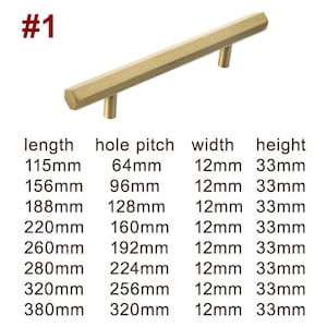 以下が含まれることがあります： 六角形の金色のキャビネット金具。金具は、115mmから380mmまでのさまざまな長さで入手できます。寸法はミリメートルとインチで示されています。