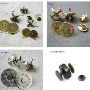May include: A selection of magnetic snap closures in antique bronze, gold, white silver, and gunmetal black. The antique bronze snaps are 18mm and 14mm in diameter. The gold snaps have a decorative pattern. The white silver snaps have a geometric pattern.