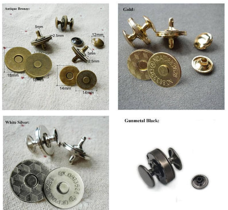 May include: A selection of magnetic snap closures in antique bronze, gold, white silver, and gunmetal black. The antique bronze snaps are 18mm and 14mm in diameter. The gold snaps have a decorative pattern. The white silver snaps have a geometric pattern.