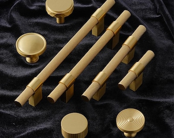 Gold gebürstet Massivem Messing Schrank Griffe Knäufe Industrielle Gekordelte Bar Zieht Moderne Runde Knöpfe Küche Badezimmer Schlafzimmer Kleiderschrank Schubladen