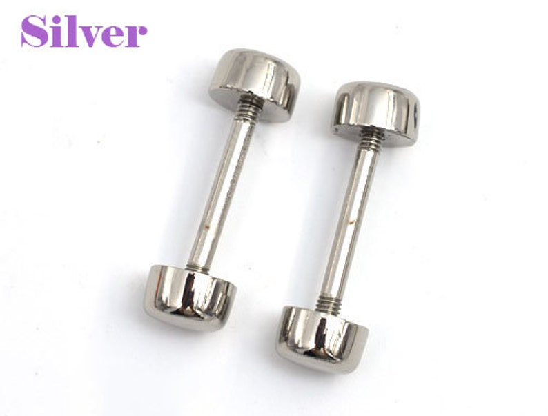 May include: Two silver-colored barbell earrings with a screw-on design. The earrings have a cylindrical post with a rounded cap on each end. The word "Silver" is displayed in a purple font.