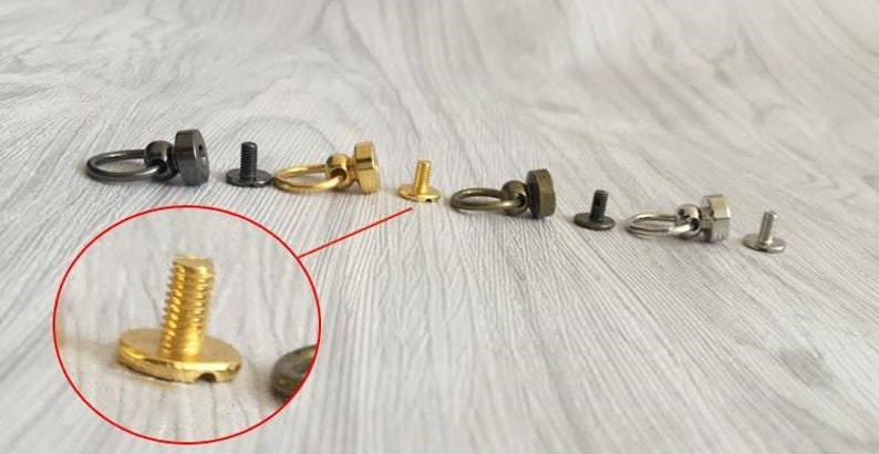 Massiv mässingsskruvkoppling Bakre tapp Rund nit Snoddspänne Dragring Ögla Rem Knopp Nyckelring Väska Handväska Bälte Läderbeslag bild 8