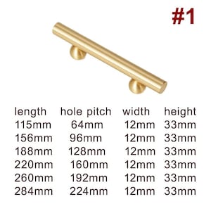 May include: Gold-toned metal cabinet hardware with a cylindrical design and rounded ends. The hardware is available in various lengths, ranging from 115mm to 284mm. The hole pitch, width, and height are also listed.