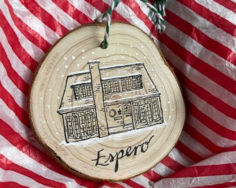 Bespoke House Portrait on rustic wood slice - Christmas tree decoration