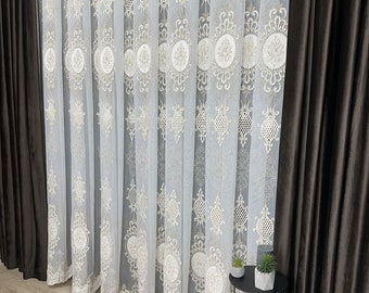 Custom Size Luxury Lace Sheer Curtains, Elegant Gold Embroidered Sheer Curtains Voile, Classic Embroidery Window Tulle, Gifts for Mom