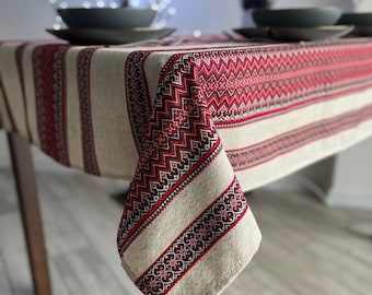 Ethnic Ukrainian Embroidered Linen Tablecloth, Vintage Rectangle Table Cover, Dining Table Decor with Ornament