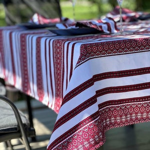 Ethnic Ukrainian Embroidered Linen Tablecloth, Vintage Rectangle Table Cover, Dining Table Decor with Ornament