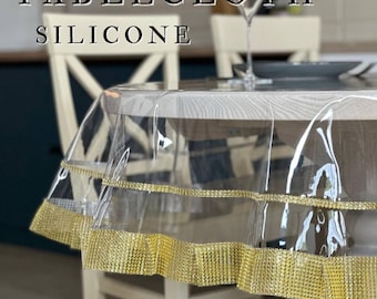 Custom Clear Tablecloth - Waterproof Silicone Table Cover for Tables, Transparent Table Protector, Tablecloth with Diamond Embellishments