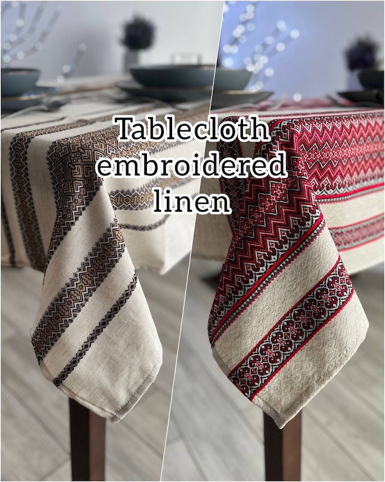 May include: Two linen tablecloths with embroidered designs. One tablecloth has a brown and gold geometric pattern, the other has a red and white geometric pattern. Both tablecloths are made of natural linen.