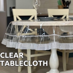 May include: A clear plastic tablecloth with a silver glitter trim. The tablecloth is on a round wooden table with a white base.