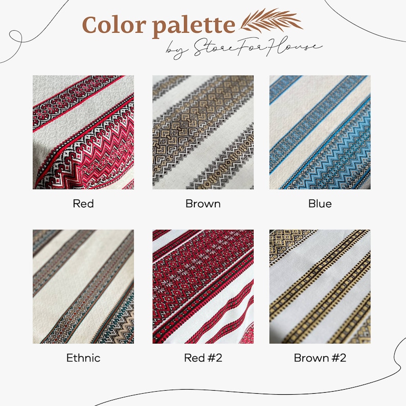 May include: Six different fabric swatches with various patterns and colors, including red, brown, blue, and white. The swatches are labeled with the names "Red", "Brown", "Blue", "Ethnic", "Red #2", and "Brown #2".
