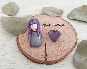 Handmade polymer clay doll and heart pin. Set of 2 fancy pins. Adorable doll pin accompanied by her heart. Handmade badge