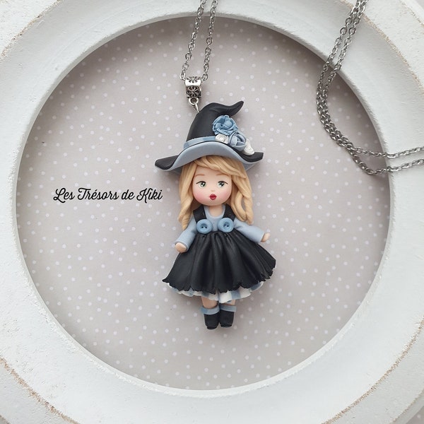 Pendentif Sorcière. Sautoir collier poupée Sorcière. Bijou fimo / argile polymère. Polymer clay doll necklace. Bijou little witch. Fait main