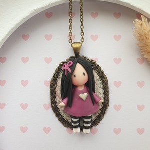 Doll pendant, doll long necklace on a bronze cameo Doll in fimo / polymer clay. Polymer doll cameo. Doll pendant image 3