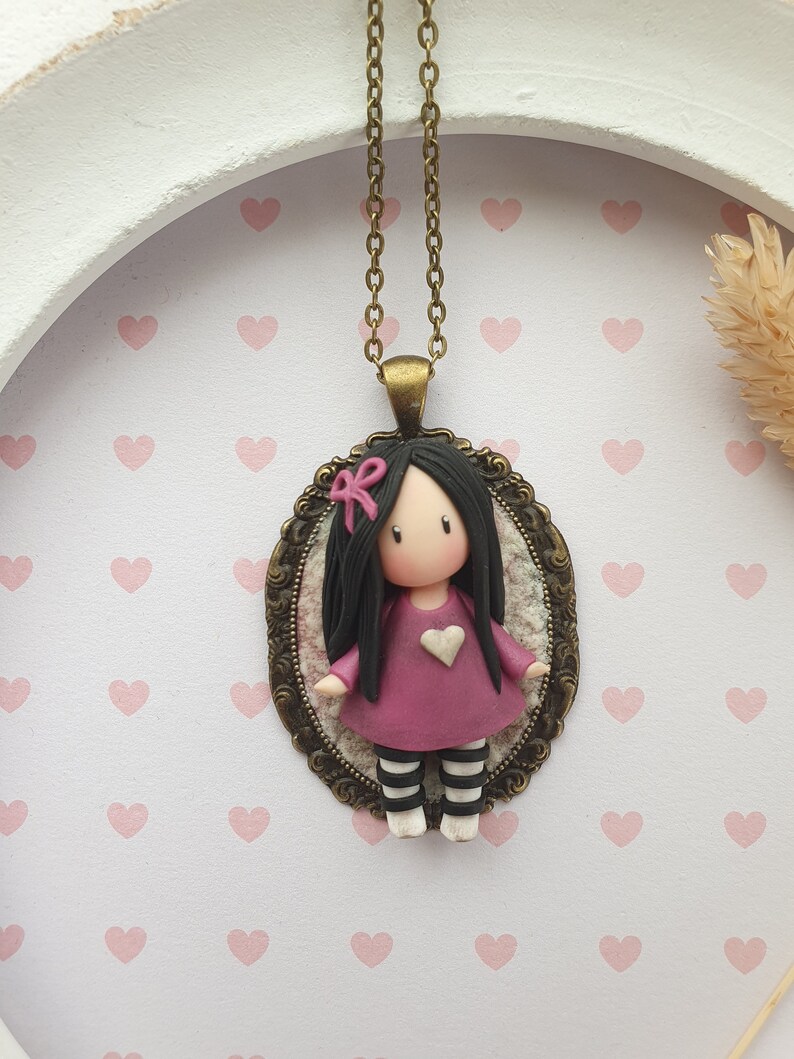 Doll pendant, doll long necklace on a bronze cameo Doll in fimo / polymer clay. Polymer doll cameo. Doll pendant image 3