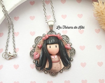 Doll pendant, doll long necklace on a silver cameo Doll in fimo / polymer clay. Polymer doll cameo. Doll pendant