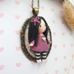 Doll pendant, doll long necklace on a bronze cameo Doll in fimo / polymer clay. Polymer doll cameo. Doll pendant image 5