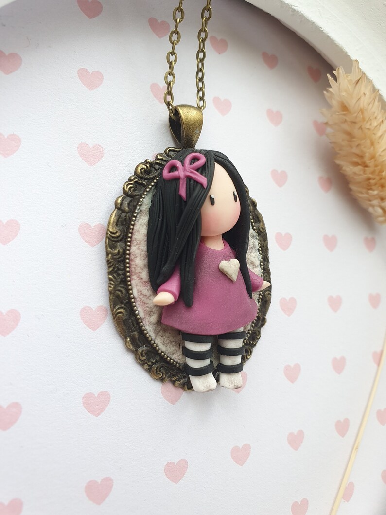 Doll pendant, doll long necklace on a bronze cameo Doll in fimo / polymer clay. Polymer doll cameo. Doll pendant image 5