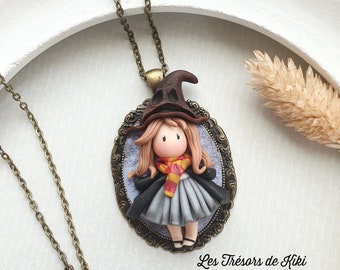 Witch pendant. long necklace witch doll necklace. Fimo / polymer clay jewelry. Polymer clay doll necklace. Little witch jewelry. Handmade