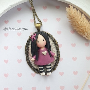 Doll pendant, doll long necklace on a bronze cameo Doll in fimo / polymer clay. Polymer doll cameo. Doll pendant image 1