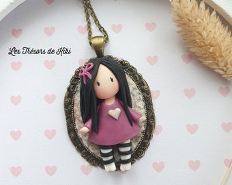 Doll pendant, doll long necklace on a silver cameo Doll in fimo / polymer clay. Polymer doll cameo. Doll pendant