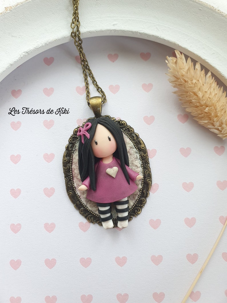 Doll pendant, doll long necklace on a bronze cameo Doll in fimo / polymer clay. Polymer doll cameo. Doll pendant image 1